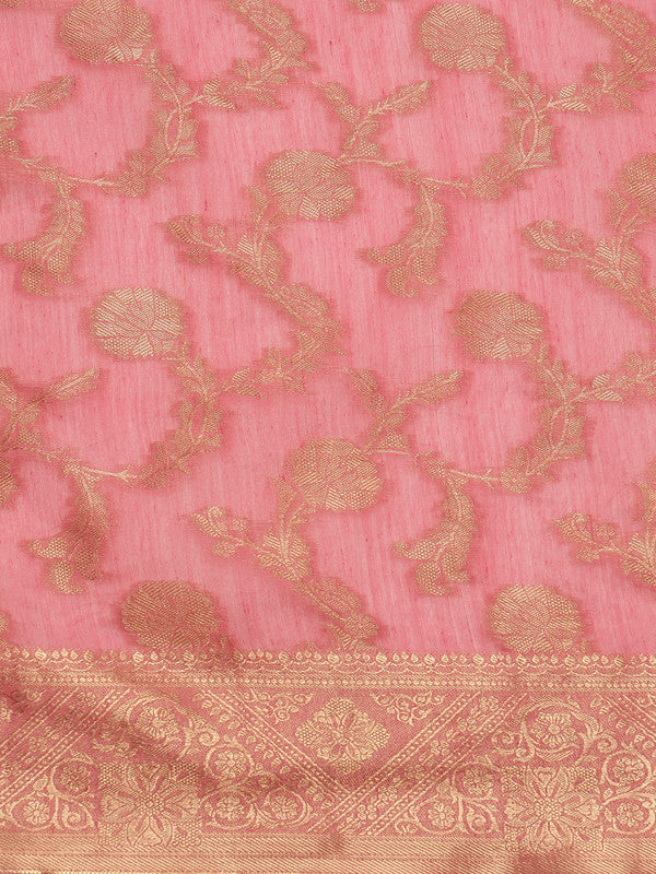 Pink Cotton Woven Zari Design Floral Saree with Unstitched Blouse - Hiral Fashion | Swadesiicart