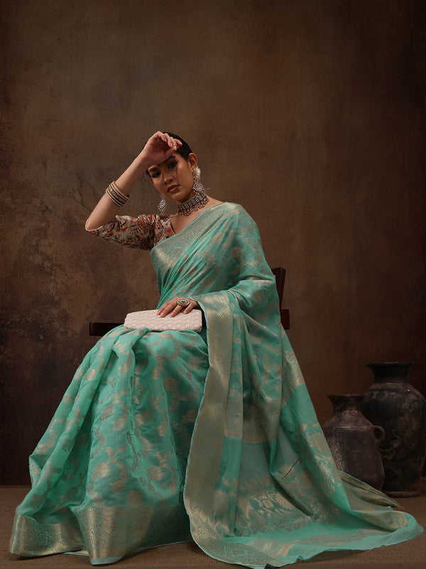 Turquoise Cotton Woven Zari Design Floral Saree with Unstitched Blouse - Hiral Fashion | Swadesiicart