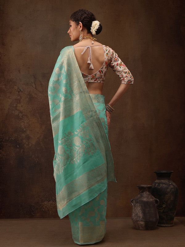 Turquoise Cotton Woven Zari Design Floral Saree with Unstitched Blouse - Hiral Fashion | Swadesiicart