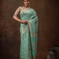 Turquoise Cotton Woven Zari Design Floral Saree with Unstitched Blouse - Hiral Fashion | Swadesiicart