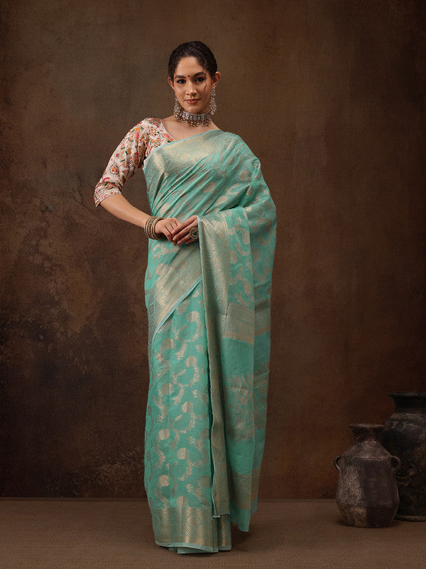 Turquoise Cotton Woven Zari Design Floral Saree with Unstitched Blouse - Hiral Fashion | Swadesiicart