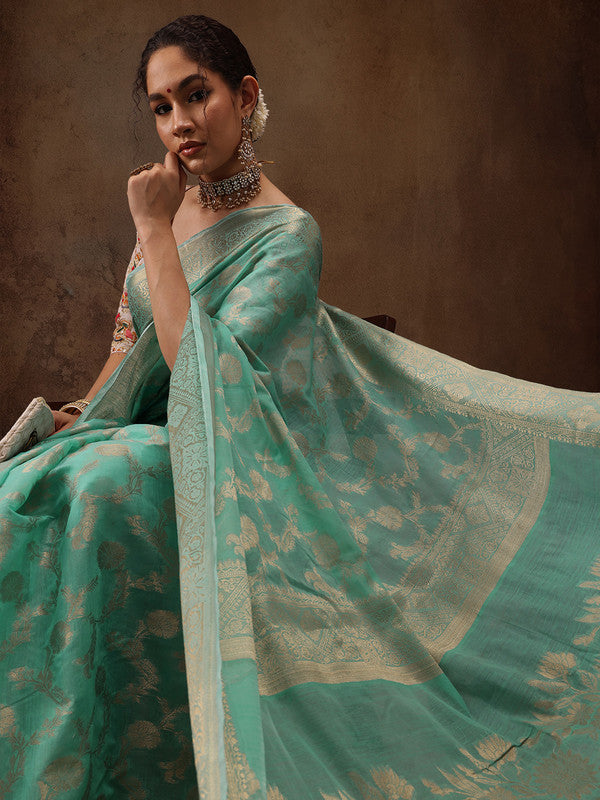 Turquoise Cotton Woven Zari Design Floral Saree with Unstitched Blouse - Hiral Fashion | Swadesiicart