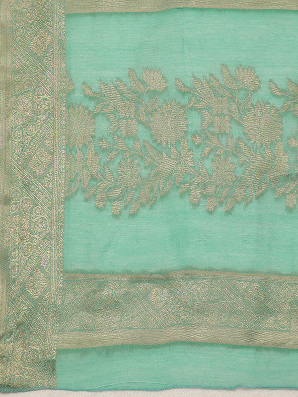 Turquoise Cotton Woven Zari Design Floral Saree with Unstitched Blouse - Hiral Fashion | Swadesiicart