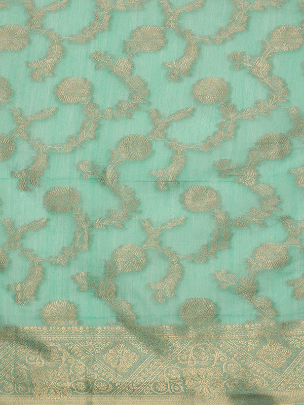Turquoise Cotton Woven Zari Design Floral Saree with Unstitched Blouse - Hiral Fashion | Swadesiicart