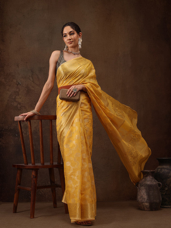 Yellow Cotton Woven Zari Design Floral Saree with Unstitched Blouse - Hiral Fashion | Swadesiicart