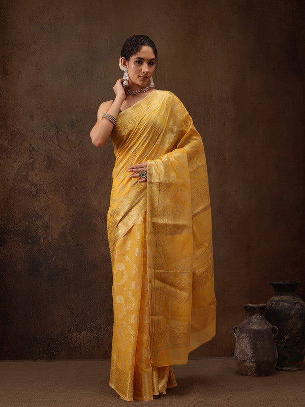 Yellow Cotton Woven Zari Design Floral Saree with Unstitched Blouse - Hiral Fashion | Swadesiicart