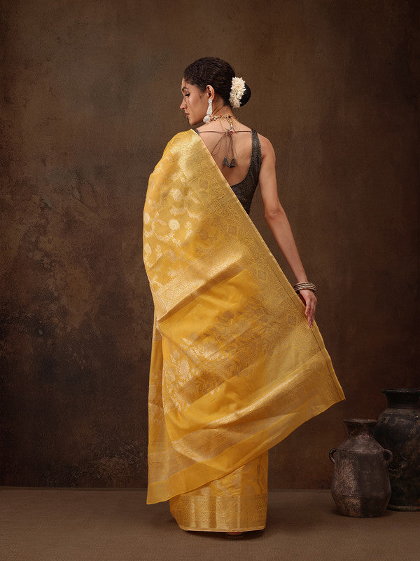 Yellow Cotton Woven Zari Design Floral Saree with Unstitched Blouse - Hiral Fashion | Swadesiicart