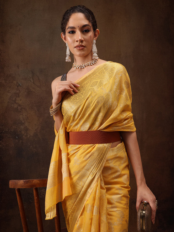 Yellow Cotton Woven Zari Design Floral Saree with Unstitched Blouse - Hiral Fashion | Swadesiicart