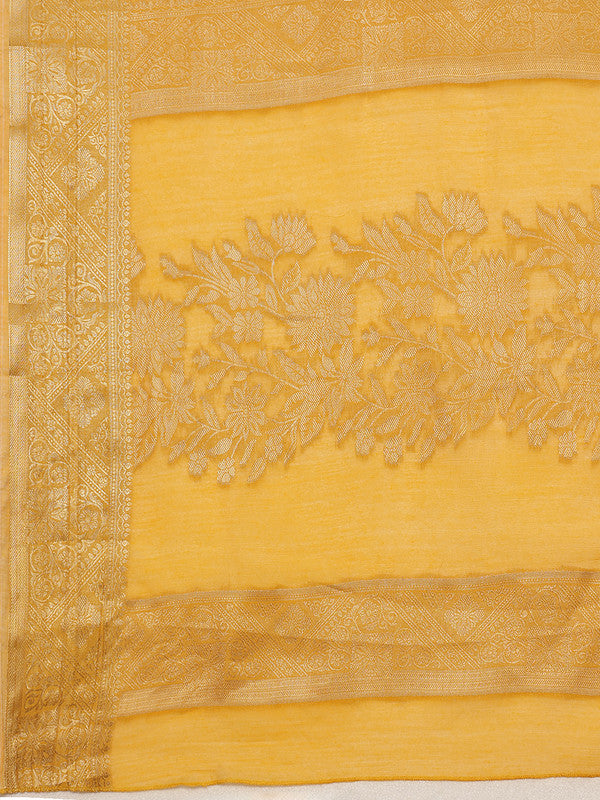 Yellow Cotton Woven Zari Design Floral Saree with Unstitched Blouse - Hiral Fashion | Swadesiicart