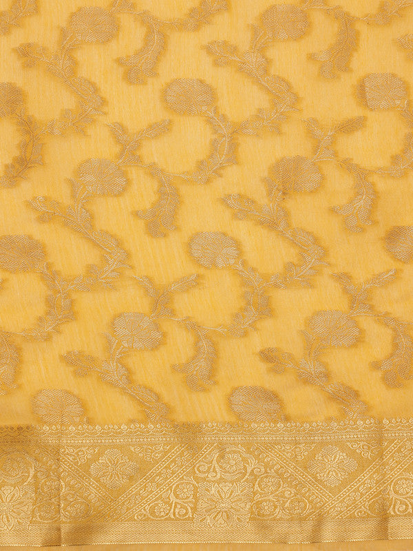 Yellow Cotton Woven Zari Design Floral Saree with Unstitched Blouse - Hiral Fashion | Swadesiicart