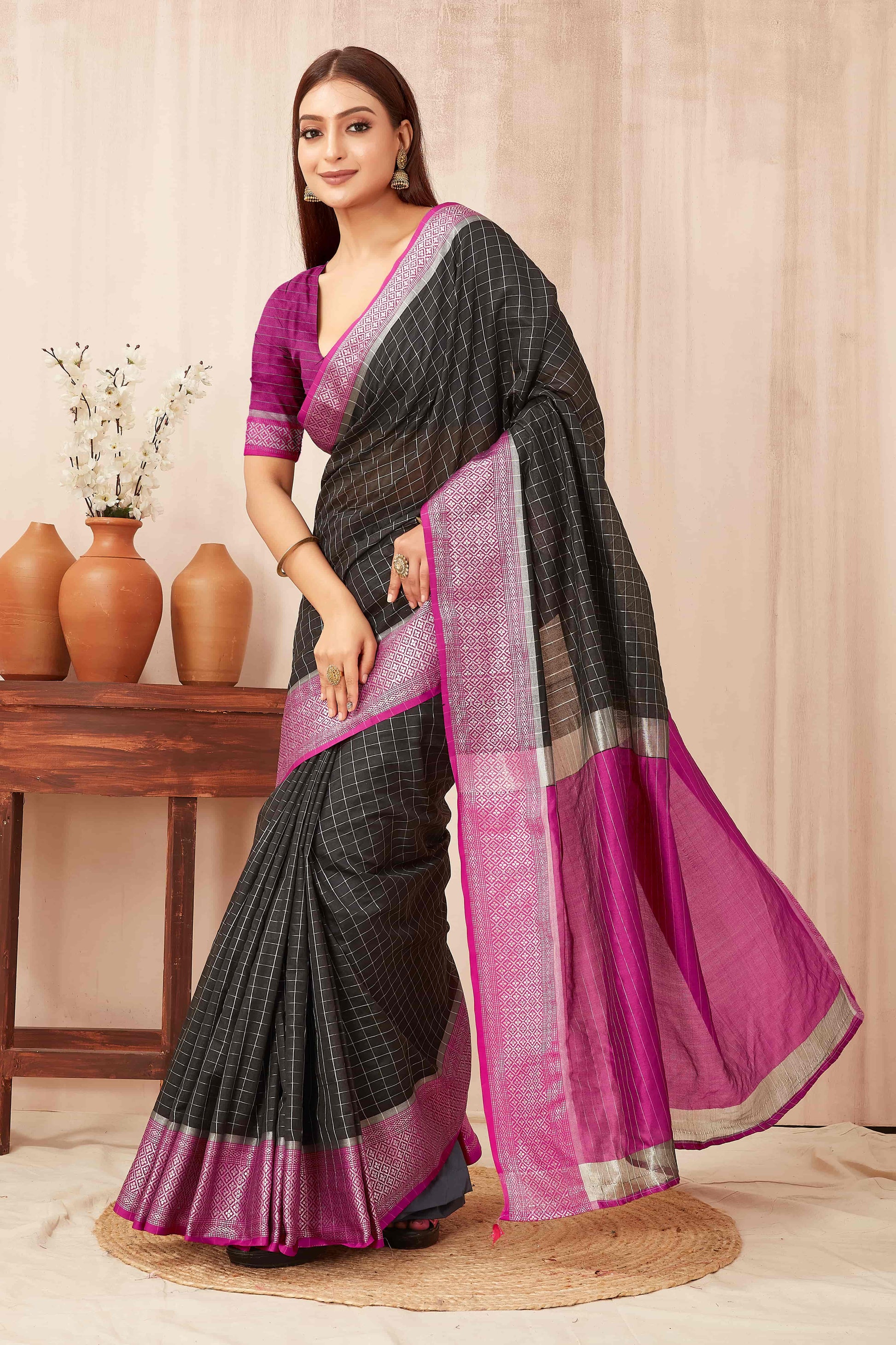 Hiral Fashion Black Banarasi Soft Silk Checks Zari Woven Saree | Swadesiicart