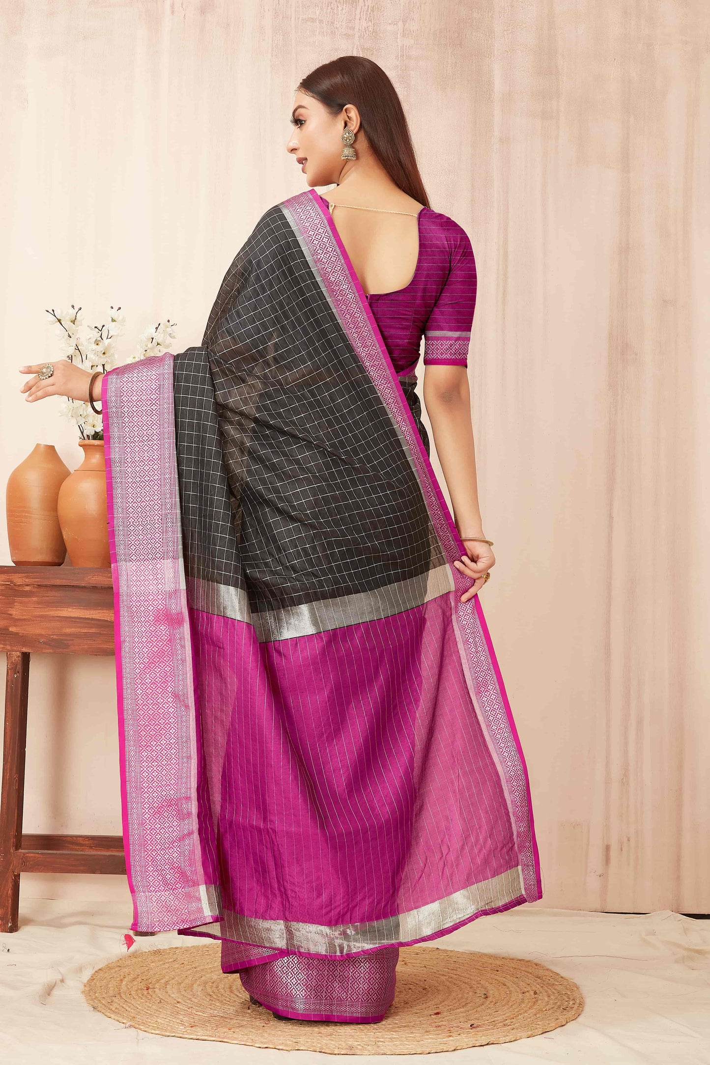 Hiral Fashion Black Banarasi Soft Silk Checks Zari Woven Saree | Swadesiicart