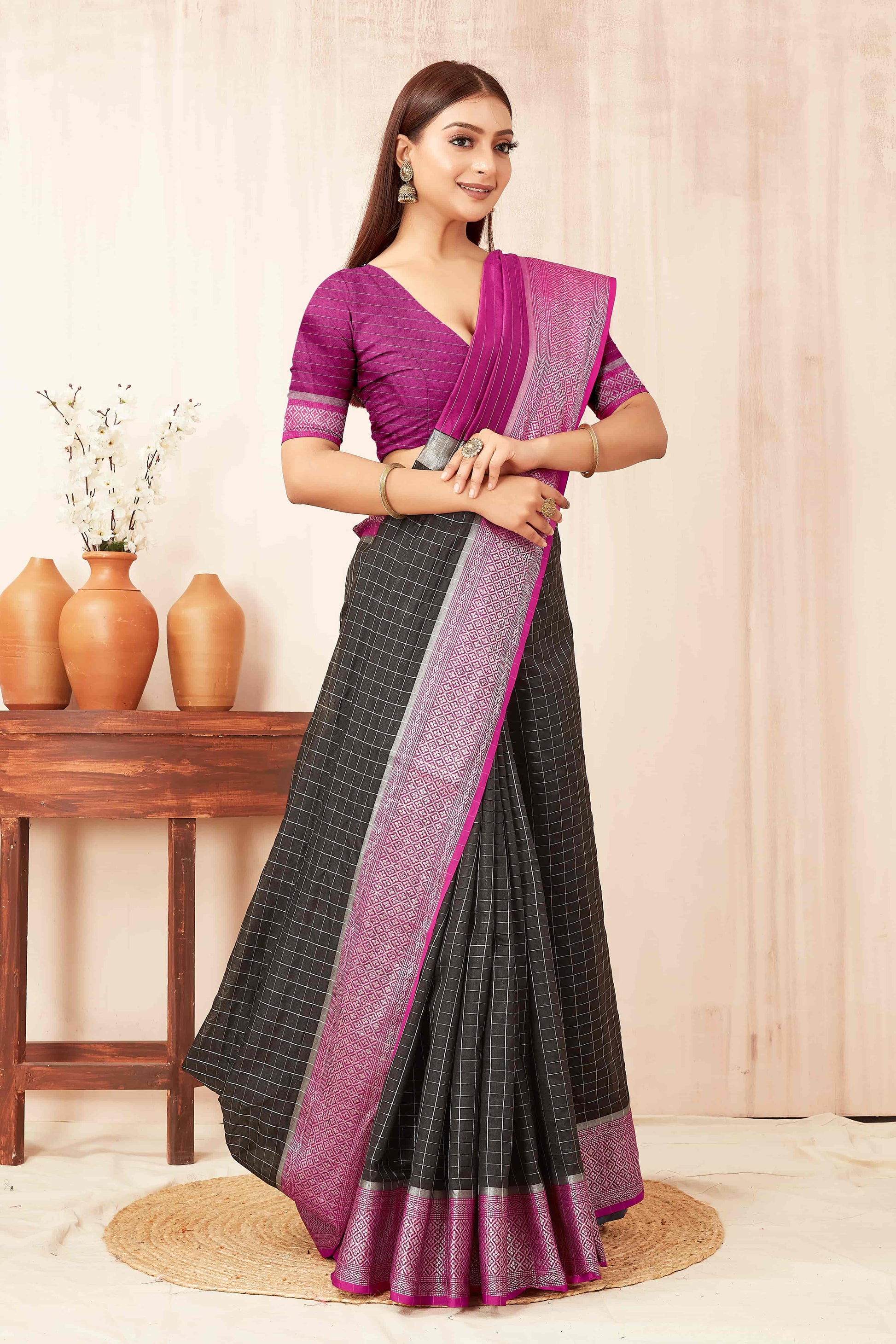 Hiral Fashion Black Banarasi Soft Silk Checks Zari Woven Saree | Swadesiicart