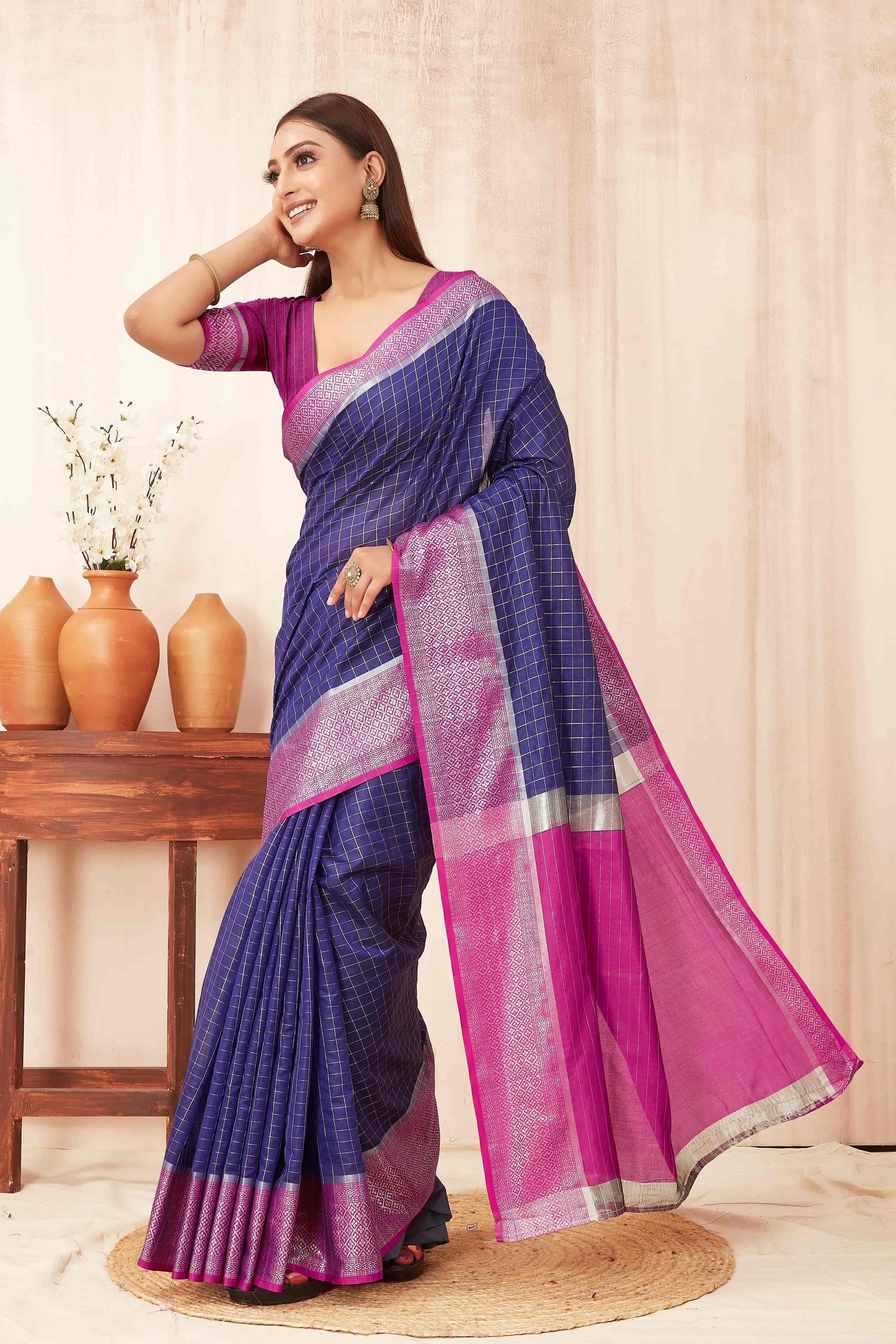 Hiral Fashion Blue Banarasi Soft Silk Checks Zari Woven Saree | Swadesiicart