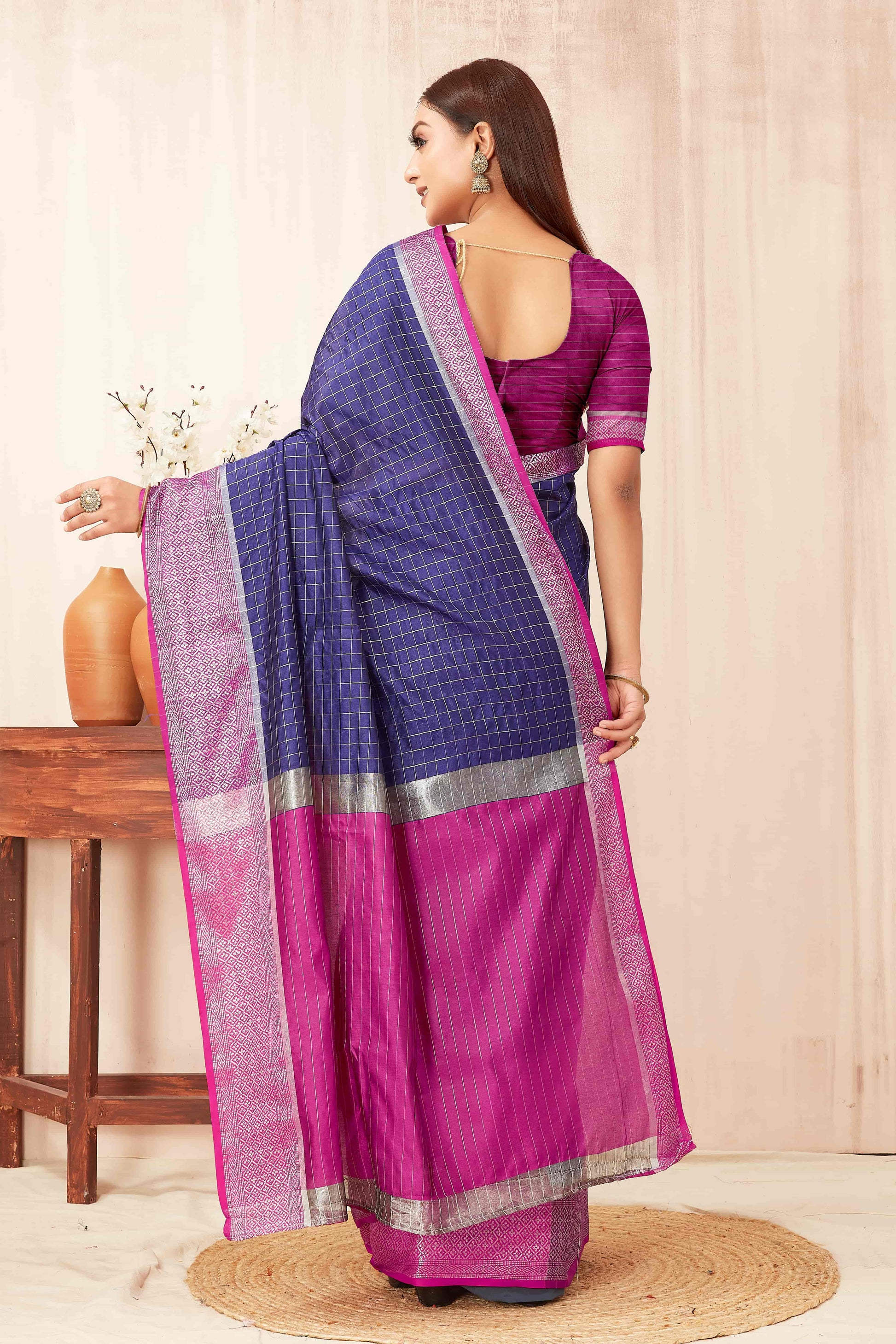 Hiral Fashion Blue Banarasi Soft Silk Checks Zari Woven Saree | Swadesiicart