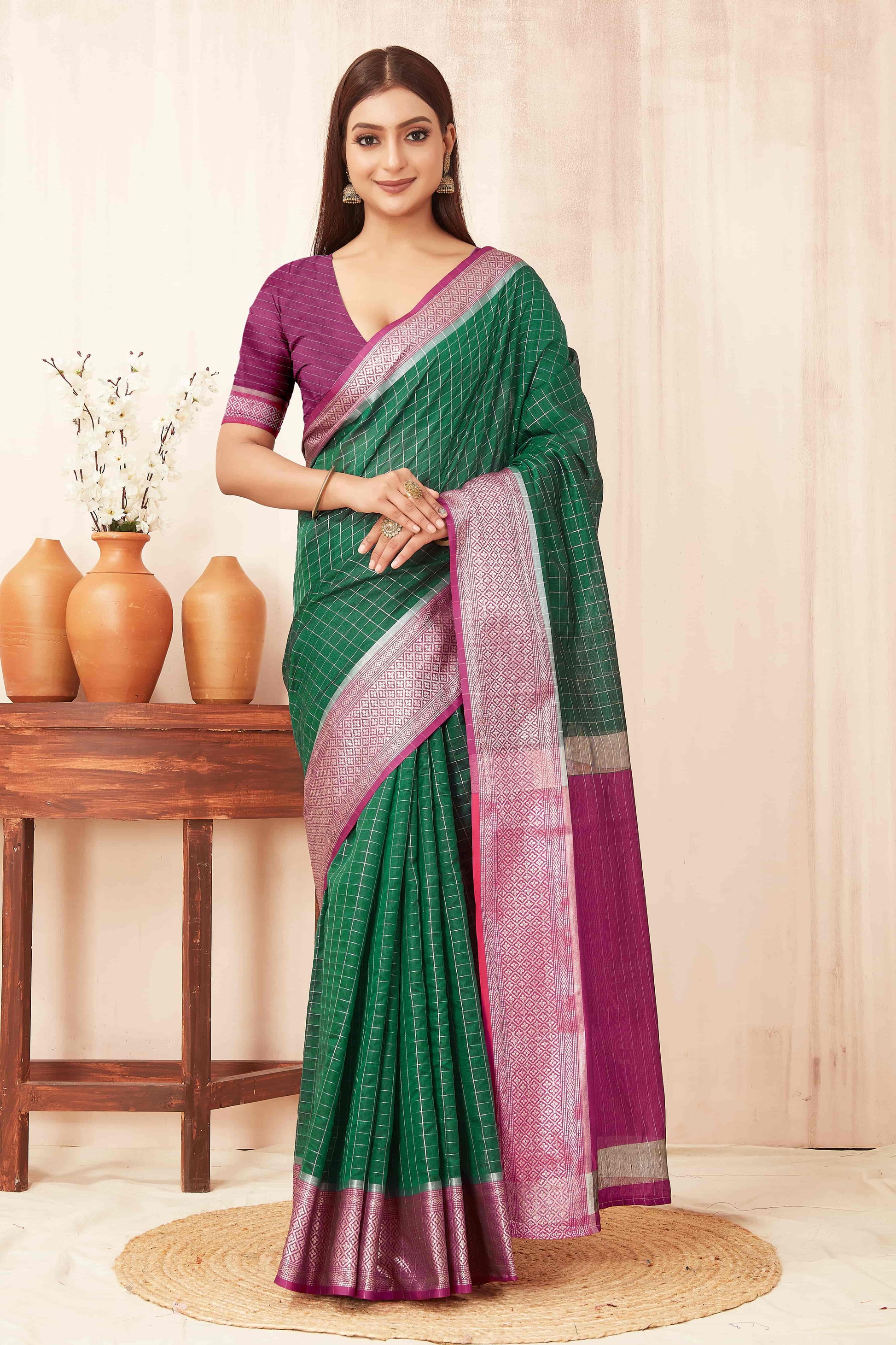 Hiral Fashion Green Banarasi Soft Silk Checks Zari Woven Saree | Swadesiicart