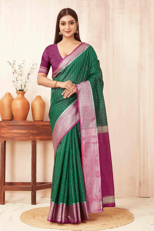 Hiral Fashion Green Banarasi Soft Silk Checks Zari Woven Saree | Swadesiicart