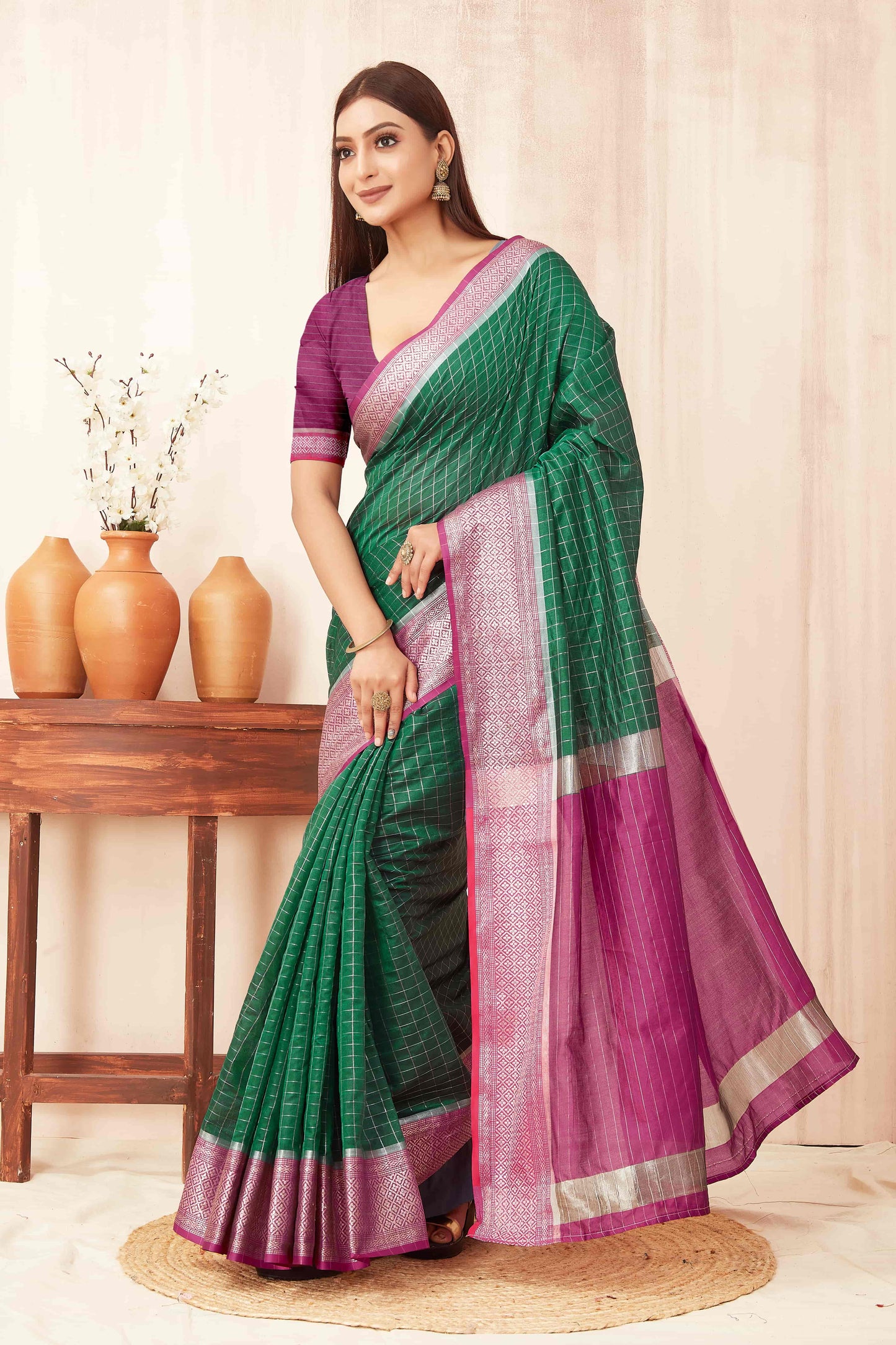 Hiral Fashion Green Banarasi Soft Silk Checks Zari Woven Saree | Swadesiicart