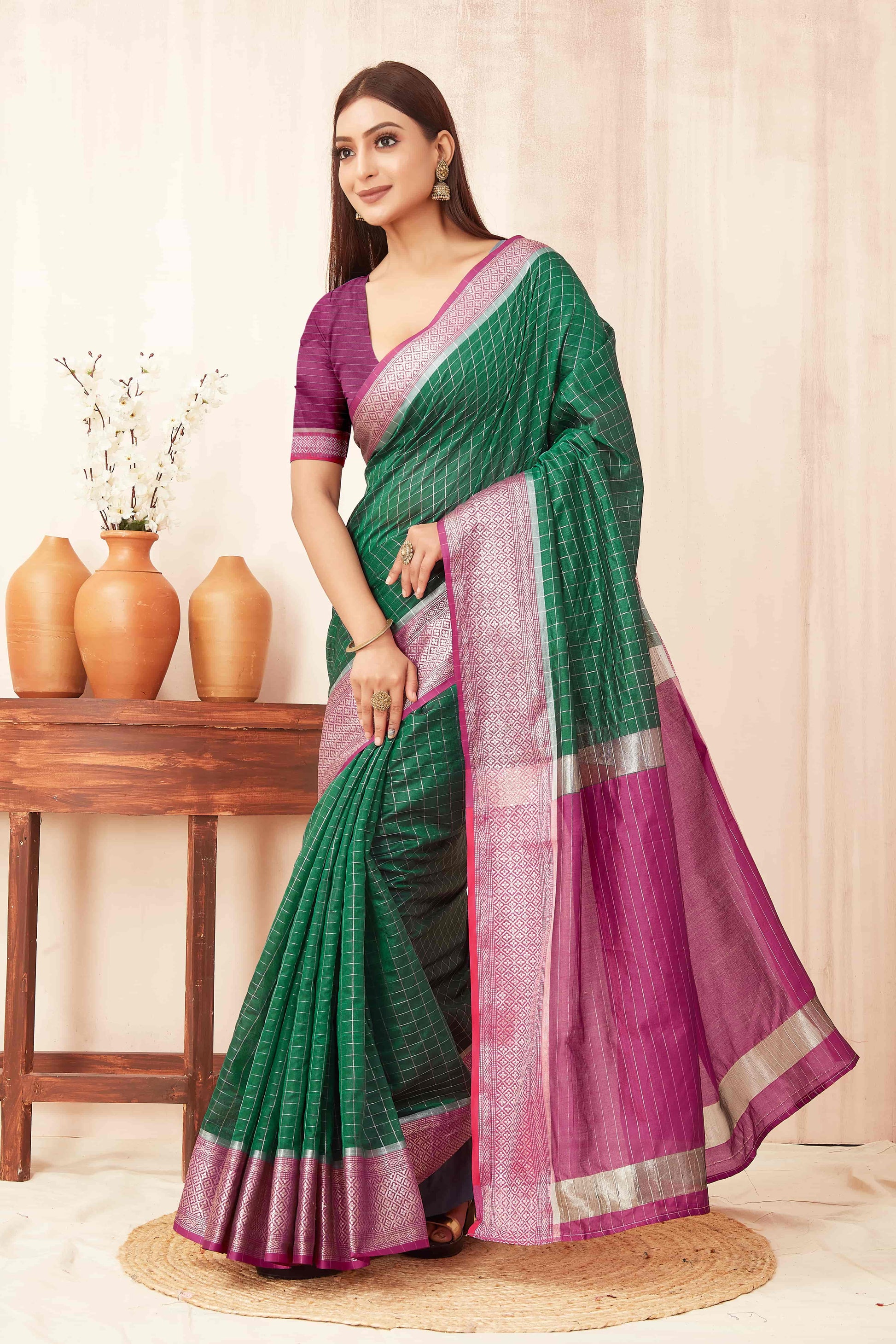 Hiral Fashion Green Banarasi Soft Silk Checks Zari Woven Saree | Swadesiicart