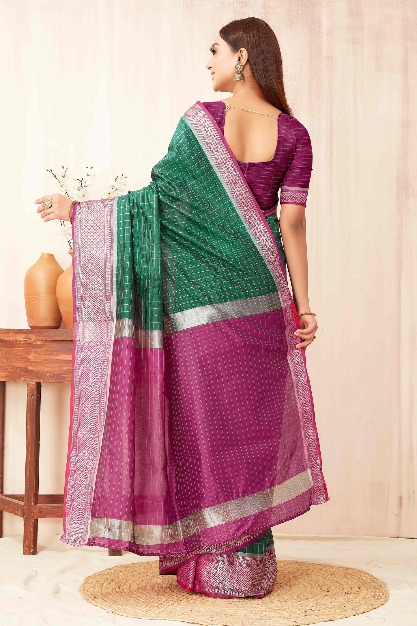 Hiral Fashion Green Banarasi Soft Silk Checks Zari Woven Saree | Swadesiicart