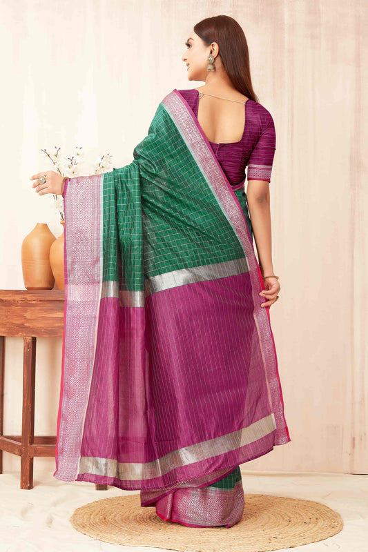 Hiral Fashion Green Banarasi Soft Silk Checks Zari Woven Saree | Swadesiicart