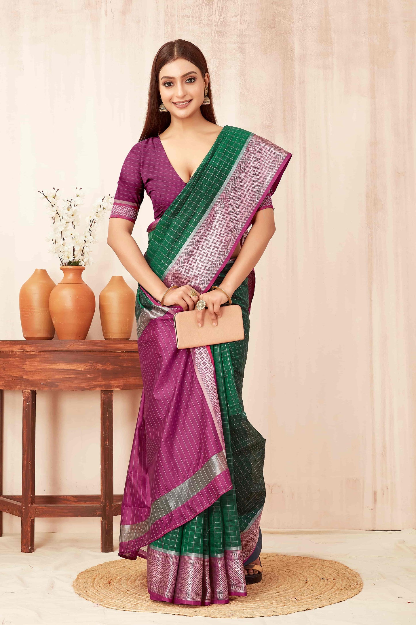 Hiral Fashion Green Banarasi Soft Silk Checks Zari Woven Saree | Swadesiicart