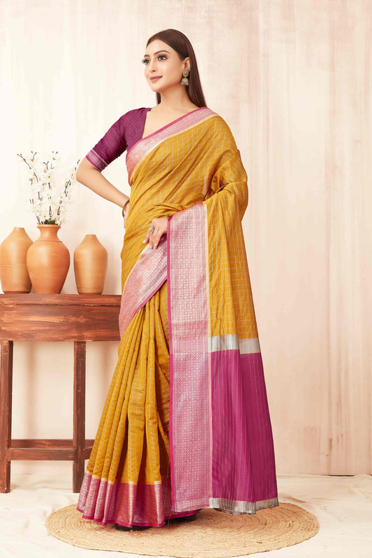 Hiral Fashion Mustard Banarasi Soft Silk Checks Zari Woven Saree | Swadesiicart