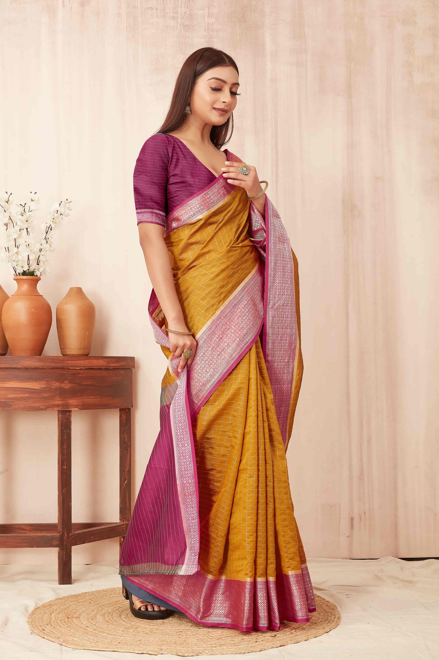 Hiral Fashion Mustard Banarasi Soft Silk Checks Zari Woven Saree | Swadesiicart