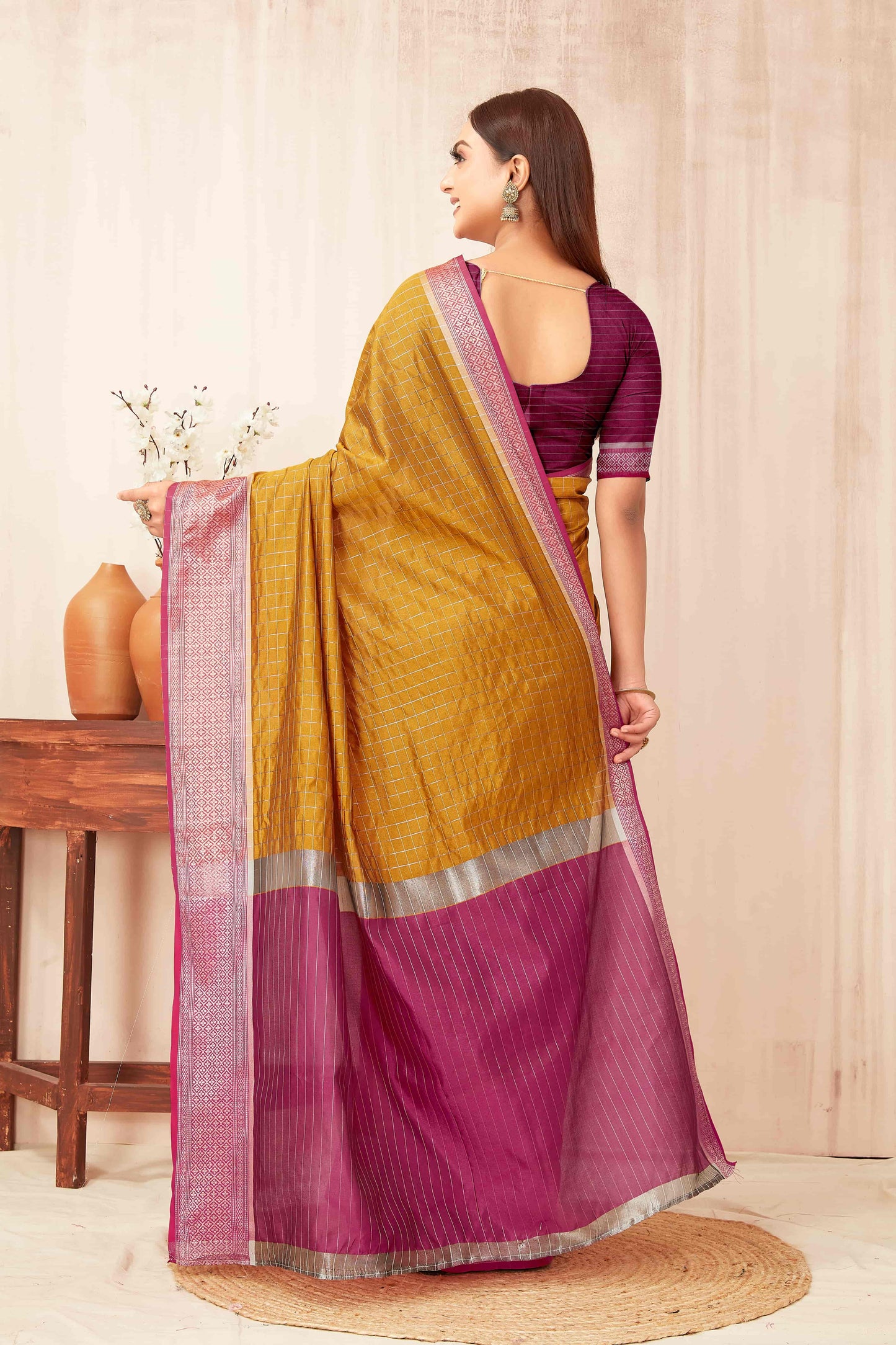 Hiral Fashion Mustard Banarasi Soft Silk Checks Zari Woven Saree | Swadesiicart