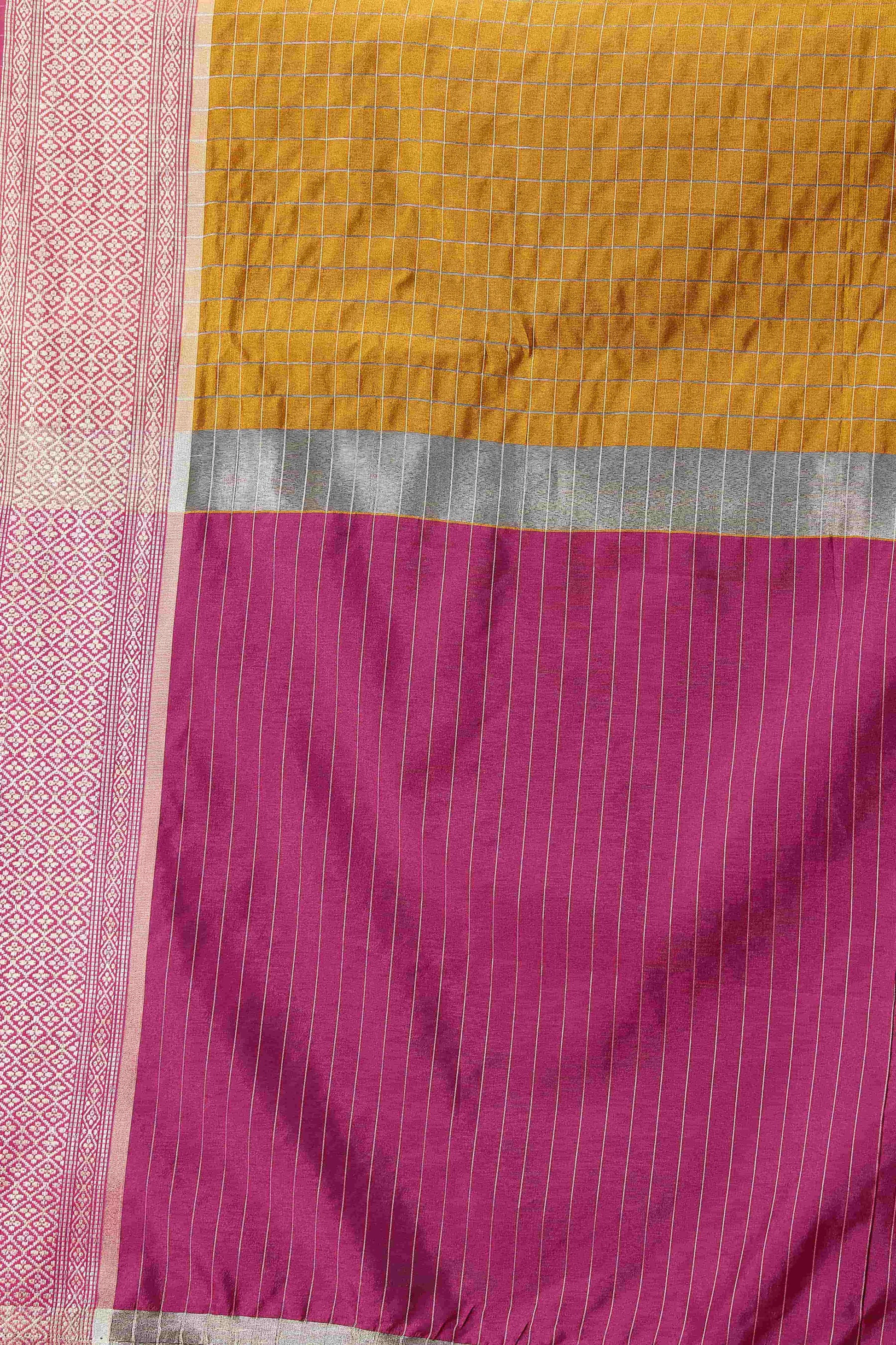 Hiral Fashion Mustard Banarasi Soft Silk Checks Zari Woven Saree | Swadesiicart