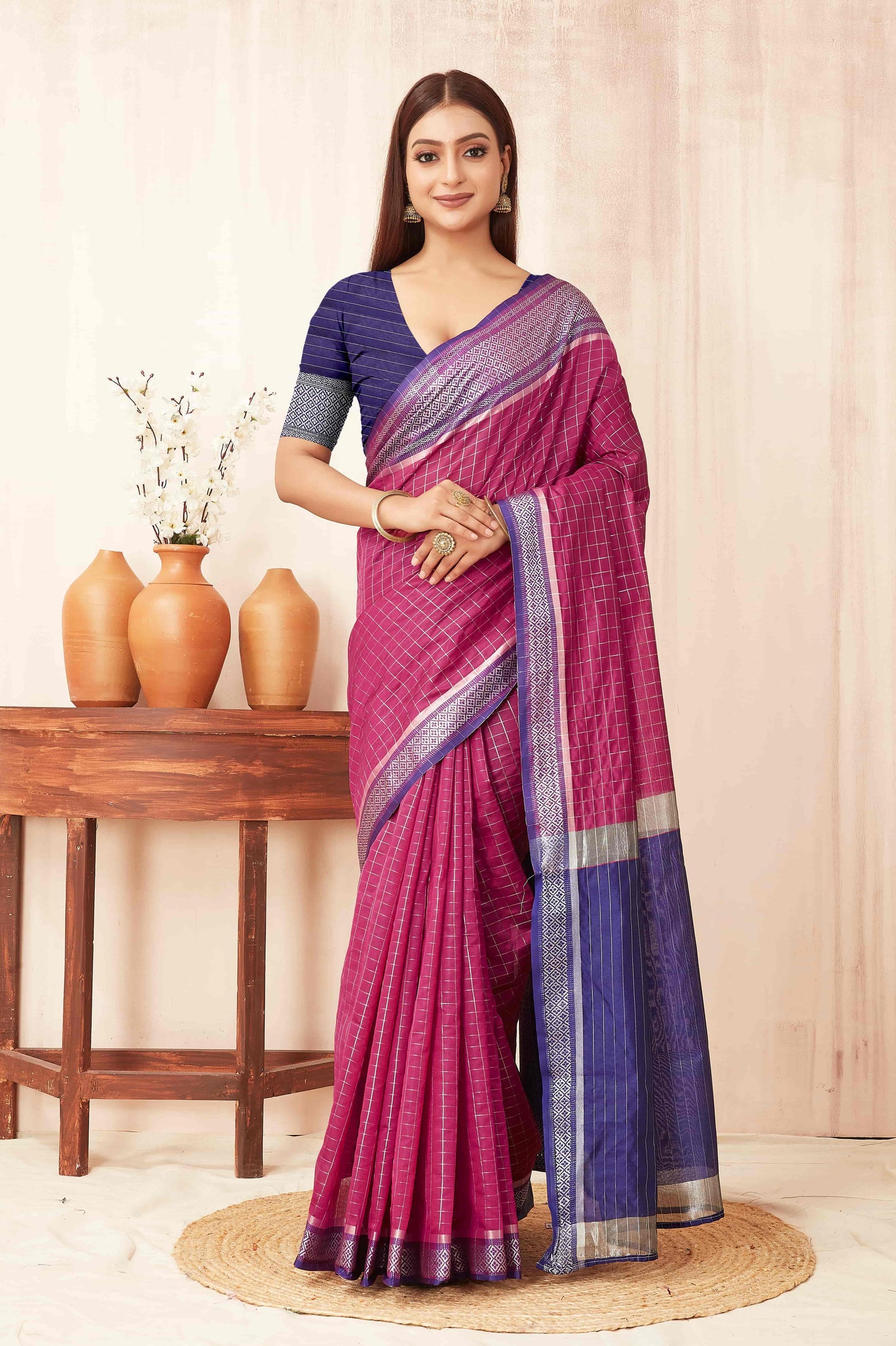 Hiral Fashion Pink Banarasi Soft Silk Checks Zari Woven Saree | Swadesiicart