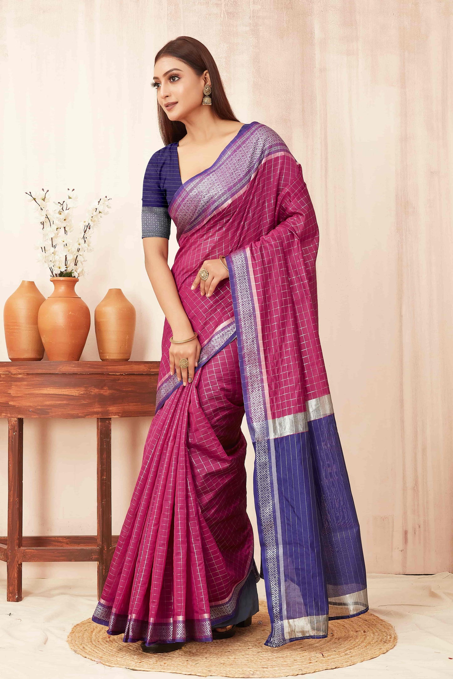 Hiral Fashion Pink Banarasi Soft Silk Checks Zari Woven Saree | Swadesiicart
