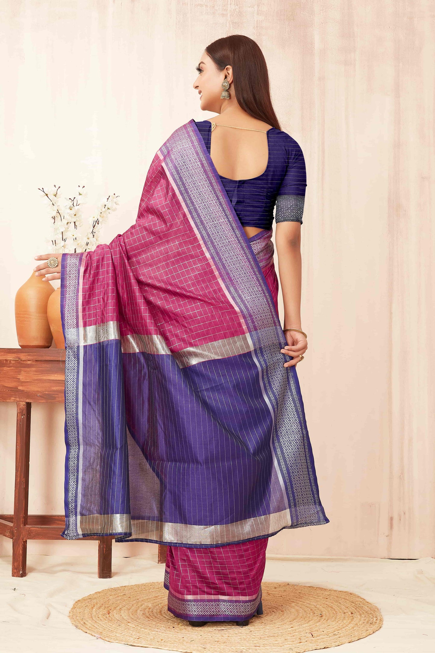Hiral Fashion Pink Banarasi Soft Silk Checks Zari Woven Saree | Swadesiicart