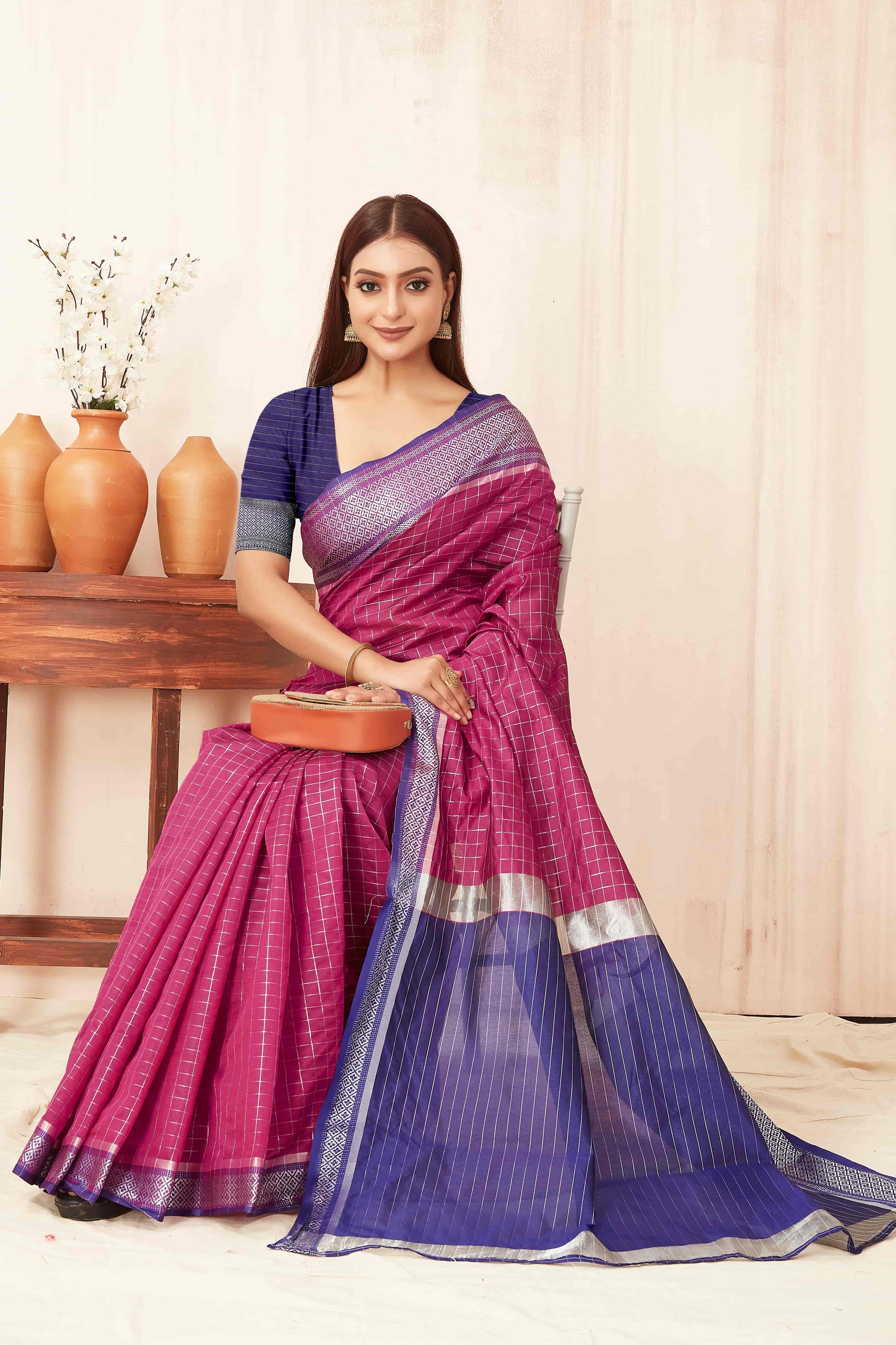 Hiral Fashion Pink Banarasi Soft Silk Checks Zari Woven Saree | Swadesiicart