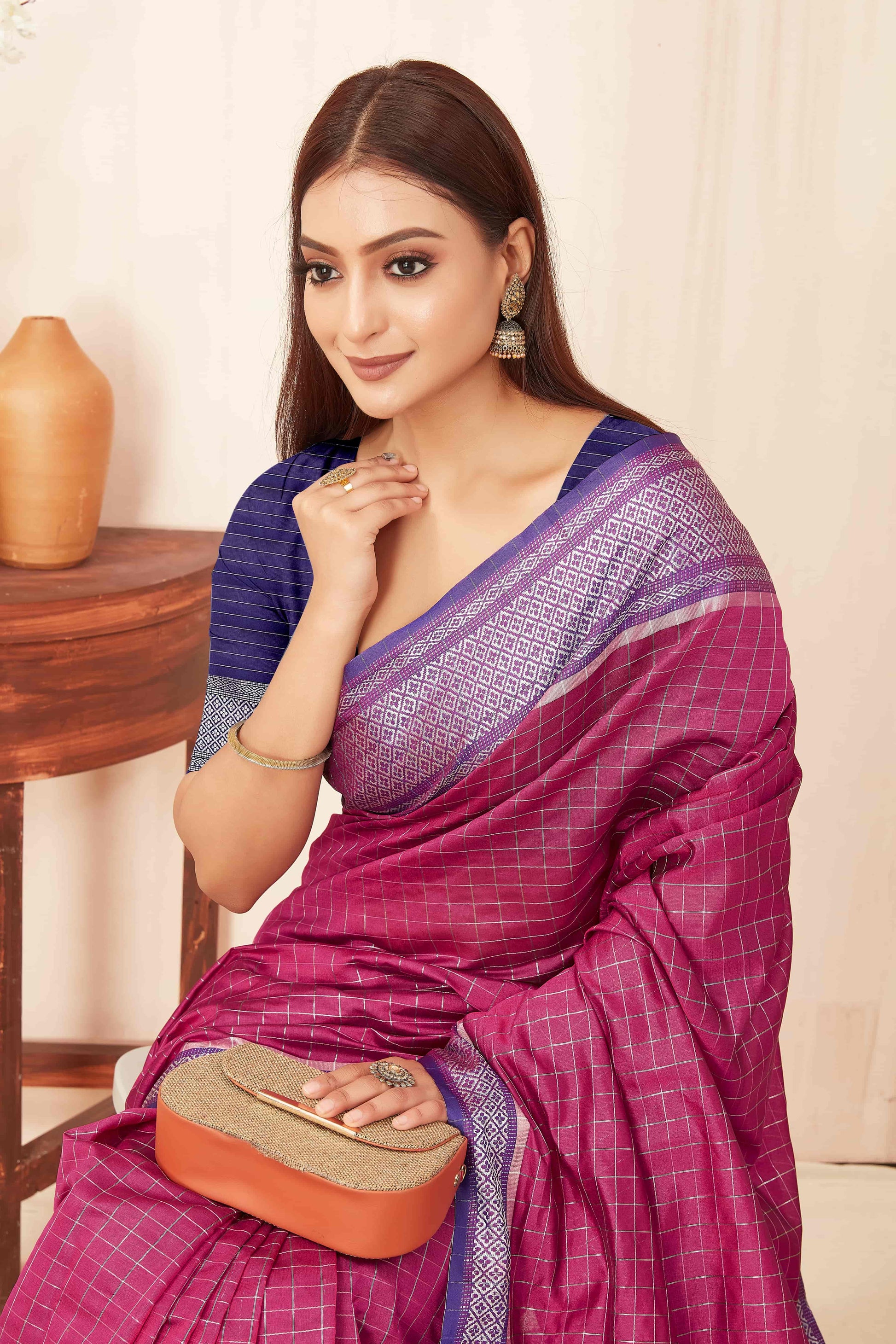 Hiral Fashion Pink Banarasi Soft Silk Checks Zari Woven Saree | Swadesiicart