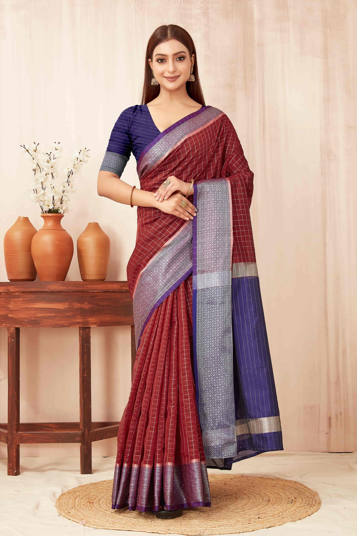 Hiral Fashion Red Banarasi Soft Silk Checks Zari Woven Saree | Swadesiicart