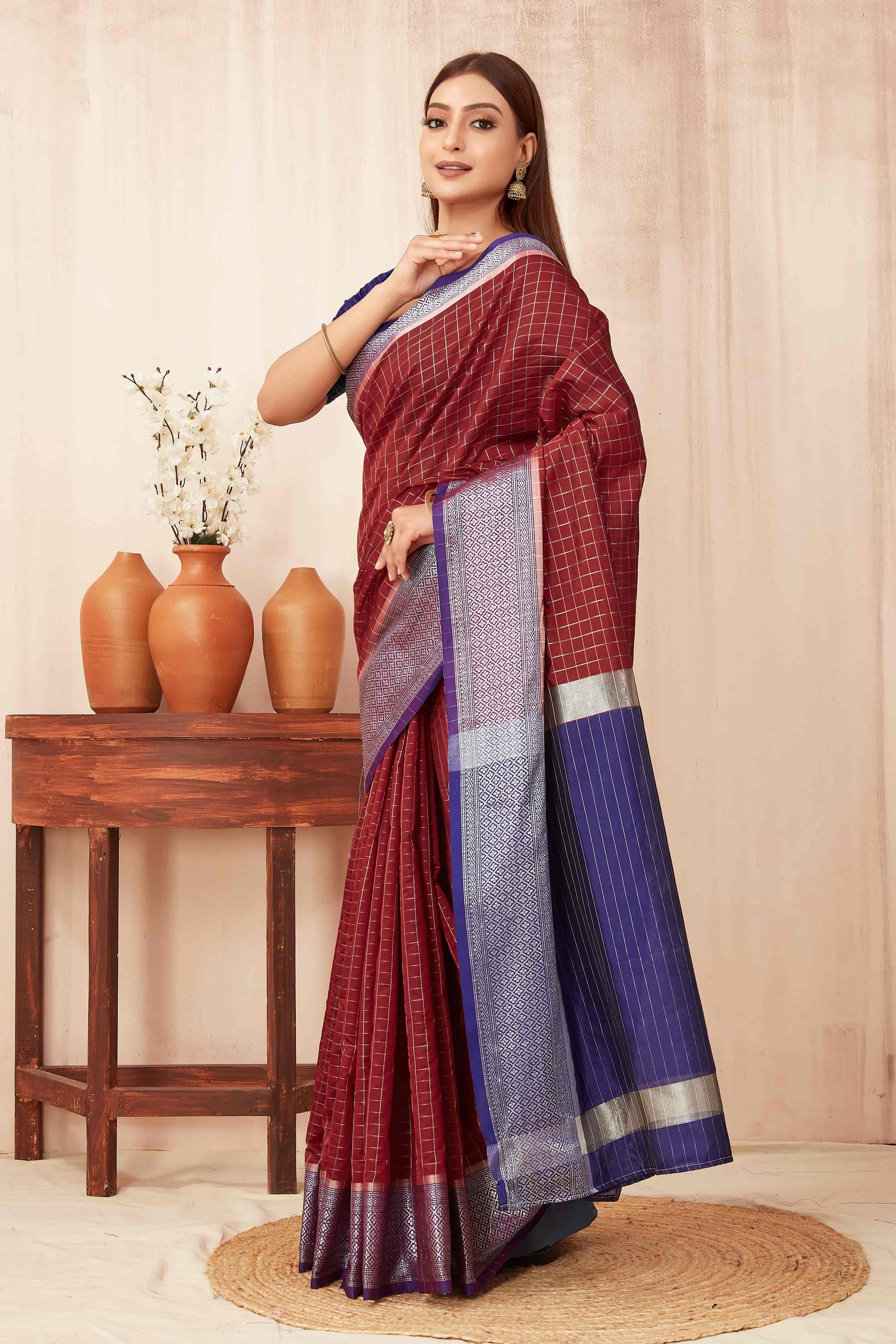 Hiral Fashion Red Banarasi Soft Silk Checks Zari Woven Saree | Swadesiicart