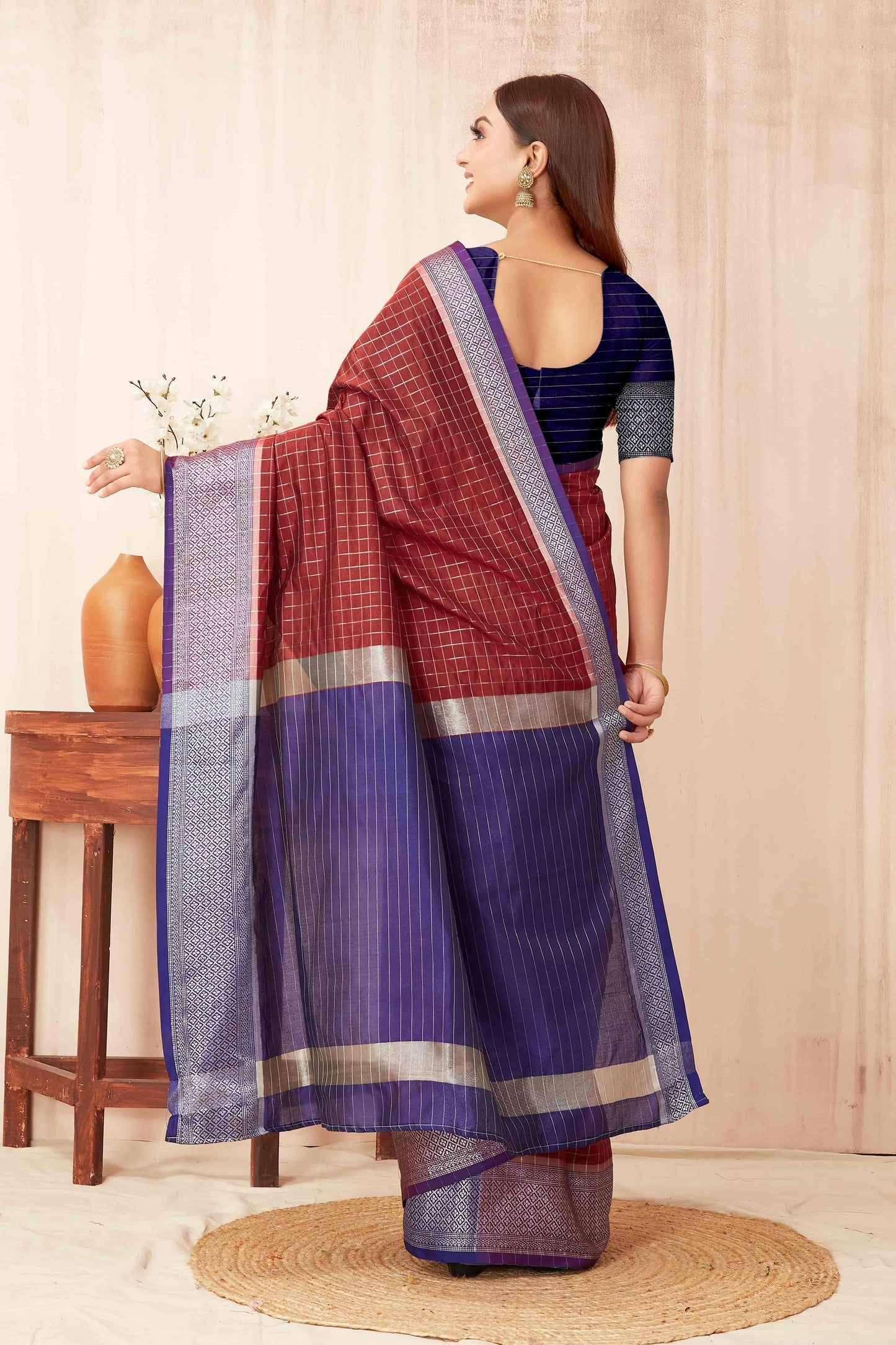 Hiral Fashion Red Banarasi Soft Silk Checks Zari Woven Saree | Swadesiicart
