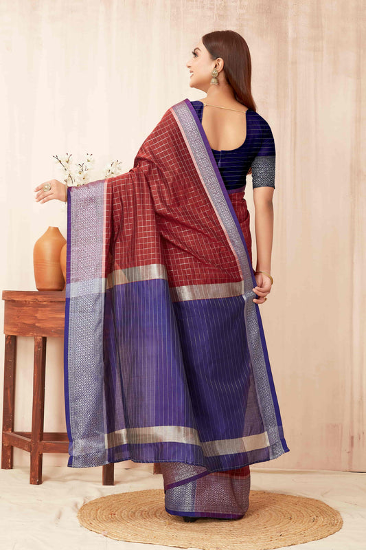 Hiral Fashion Red Banarasi Soft Silk Checks Zari Woven Saree | Swadesiicart