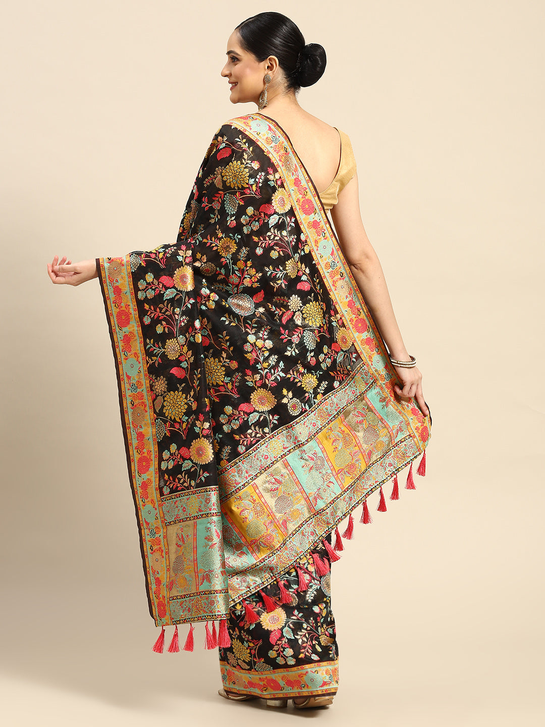 Black Cotton Blend Woven Thread Floral Saree with Unstitched Blouse - Hiral Fashion | Swadesiicart