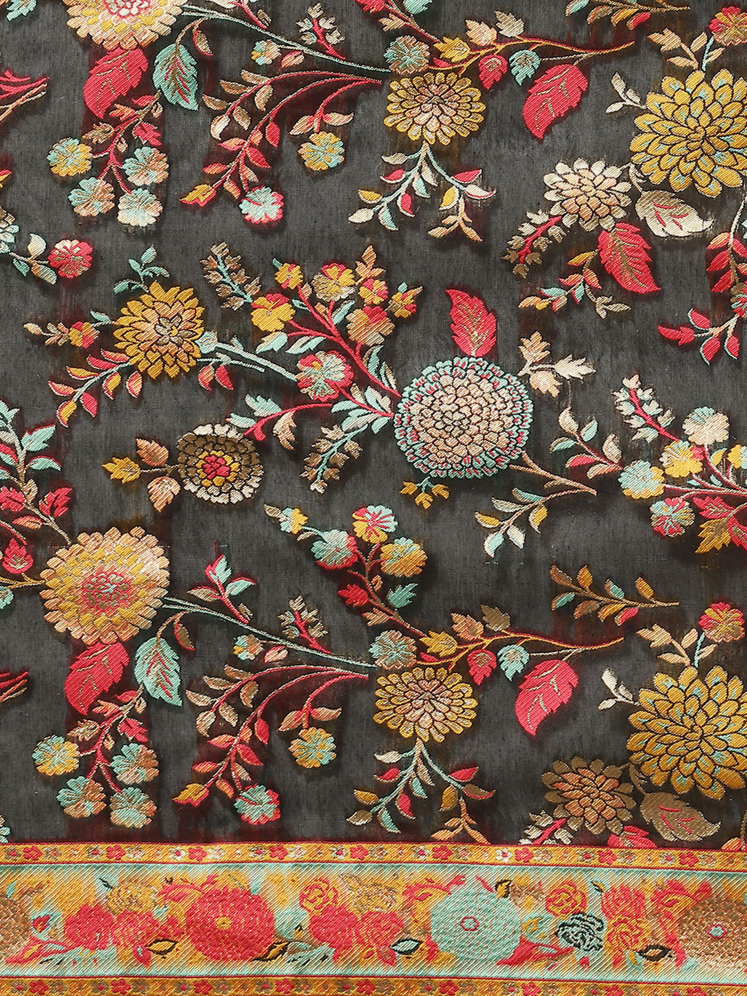 Black Cotton Blend Woven Thread Floral Saree with Unstitched Blouse - Hiral Fashion | Swadesiicart