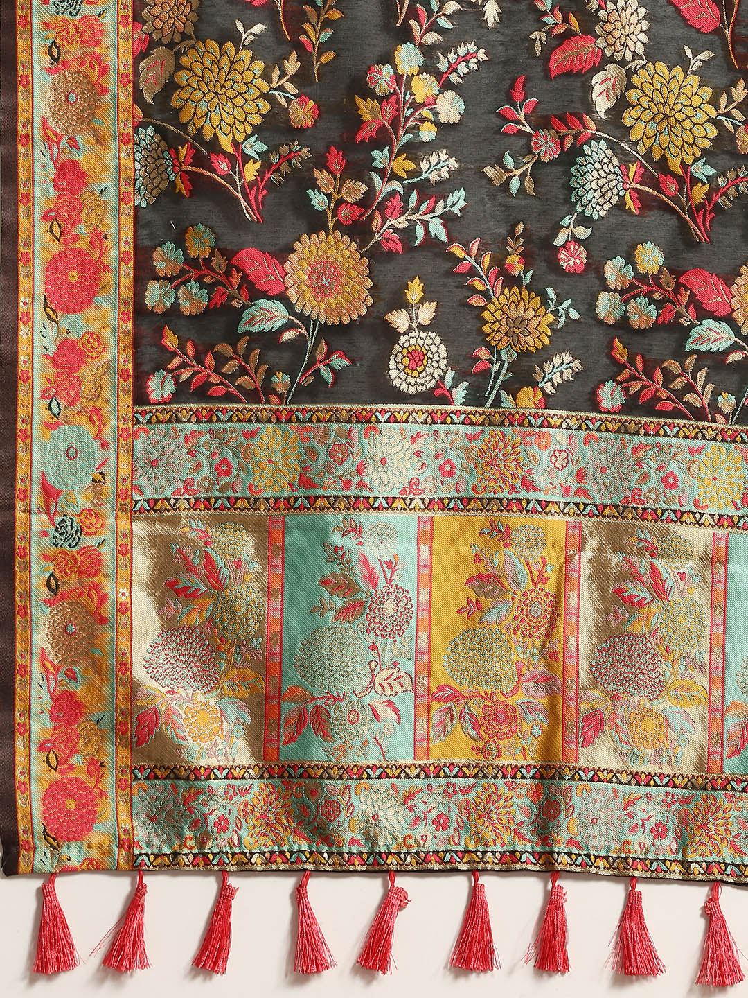 Black Cotton Blend Woven Thread Floral Saree with Unstitched Blouse - Hiral Fashion | Swadesiicart