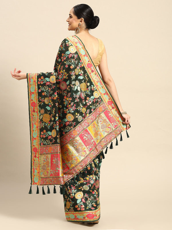Green Cotton Blend Woven Thread Floral Saree with Unstitched Blouse - Hiral Fashion | Swadesiicart