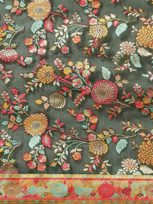 Green Cotton Blend Woven Thread Floral Saree with Unstitched Blouse - Hiral Fashion | Swadesiicart