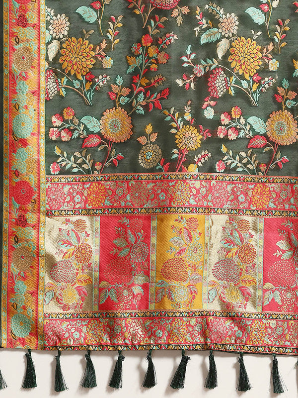 Green Cotton Blend Woven Thread Floral Saree with Unstitched Blouse - Hiral Fashion | Swadesiicart