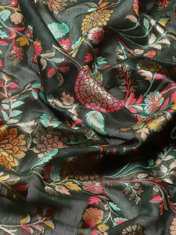 Green Cotton Blend Woven Thread Floral Saree with Unstitched Blouse - Hiral Fashion | Swadesiicart