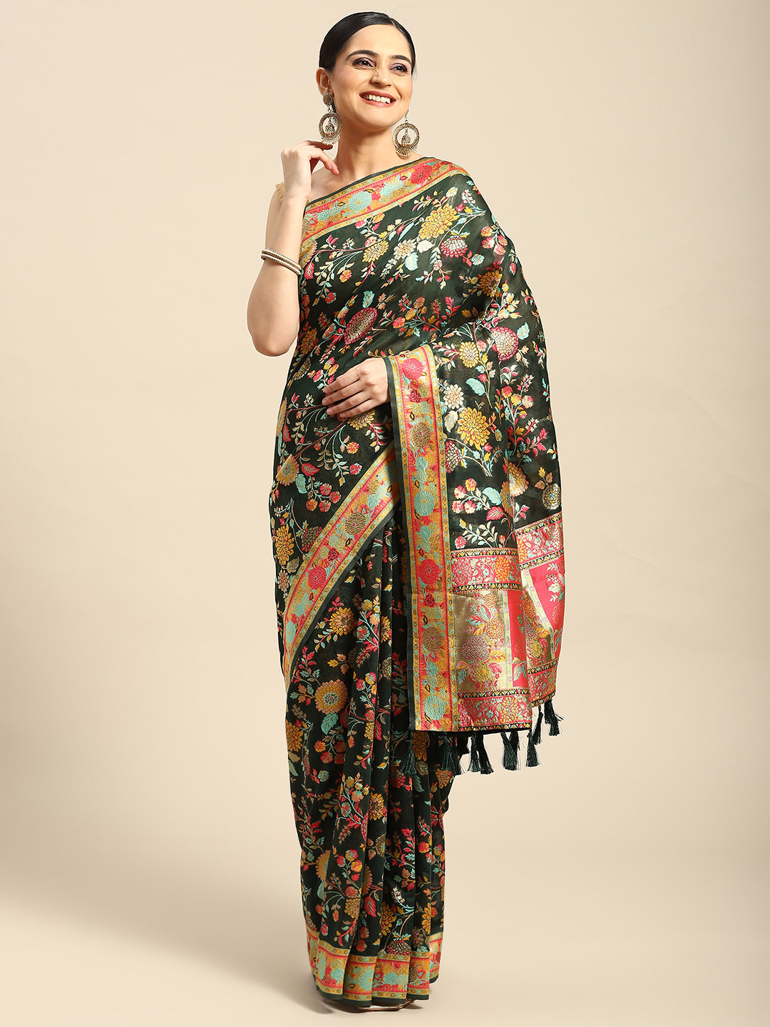 Green Cotton Blend Woven Thread Floral Saree with Unstitched Blouse - Hiral Fashion | Swadesiicart