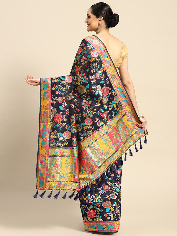 Navy Blue Cotton Blend Woven Thread Floral Saree with Unstitched Blouse - Hiral Fashion | Swadesiicart