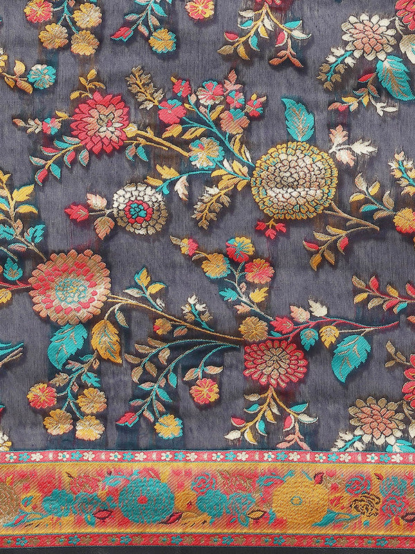Navy Blue Cotton Blend Woven Thread Floral Saree with Unstitched Blouse - Hiral Fashion | Swadesiicart