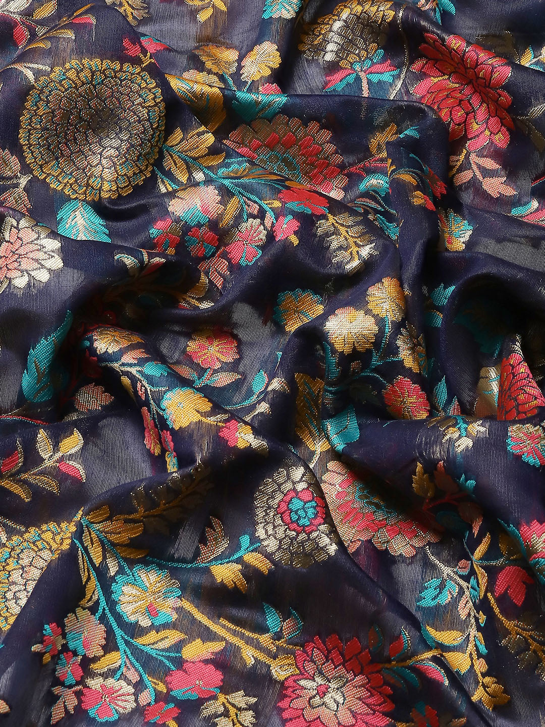 Navy Blue Cotton Blend Woven Thread Floral Saree with Unstitched Blouse - Hiral Fashion | Swadesiicart